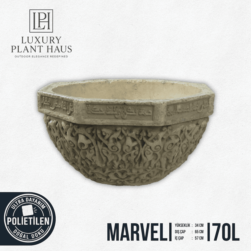 MARVEL Doğal Taş Dokulu Peyzaj Saksısı | Antik Desenli Villa ve Bahçe Saksısı (70 Litre)